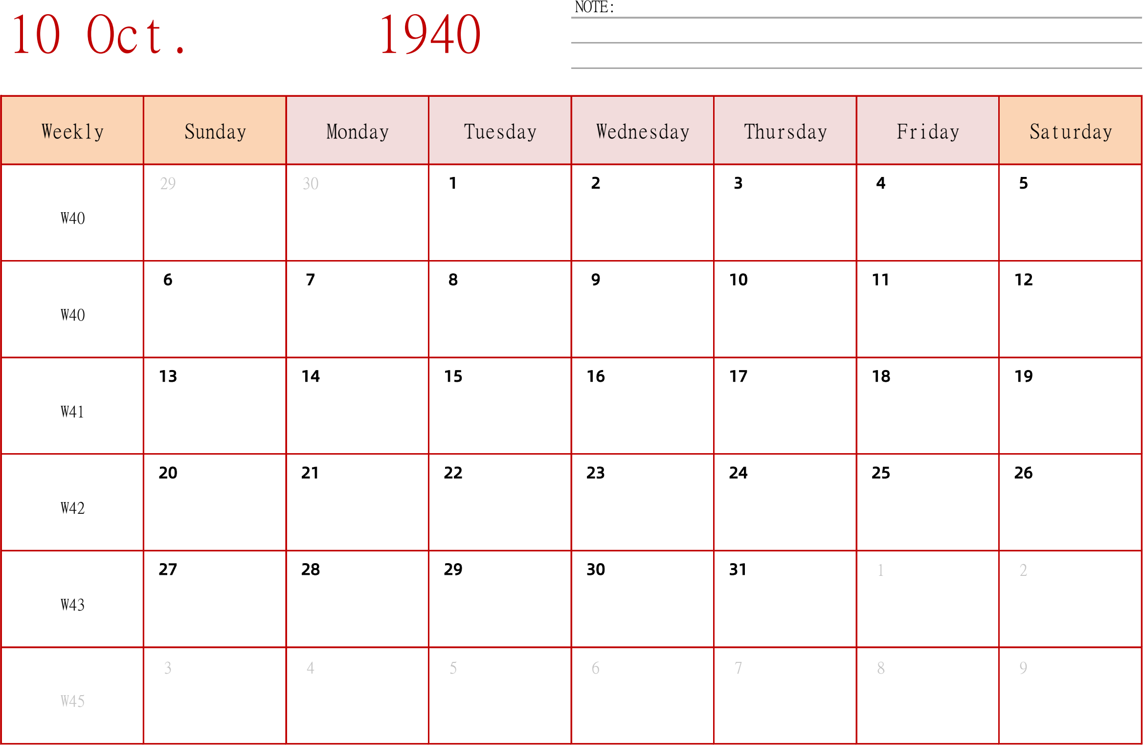 日历表1940年日历 英文版 横向排版 周日开始 带周数